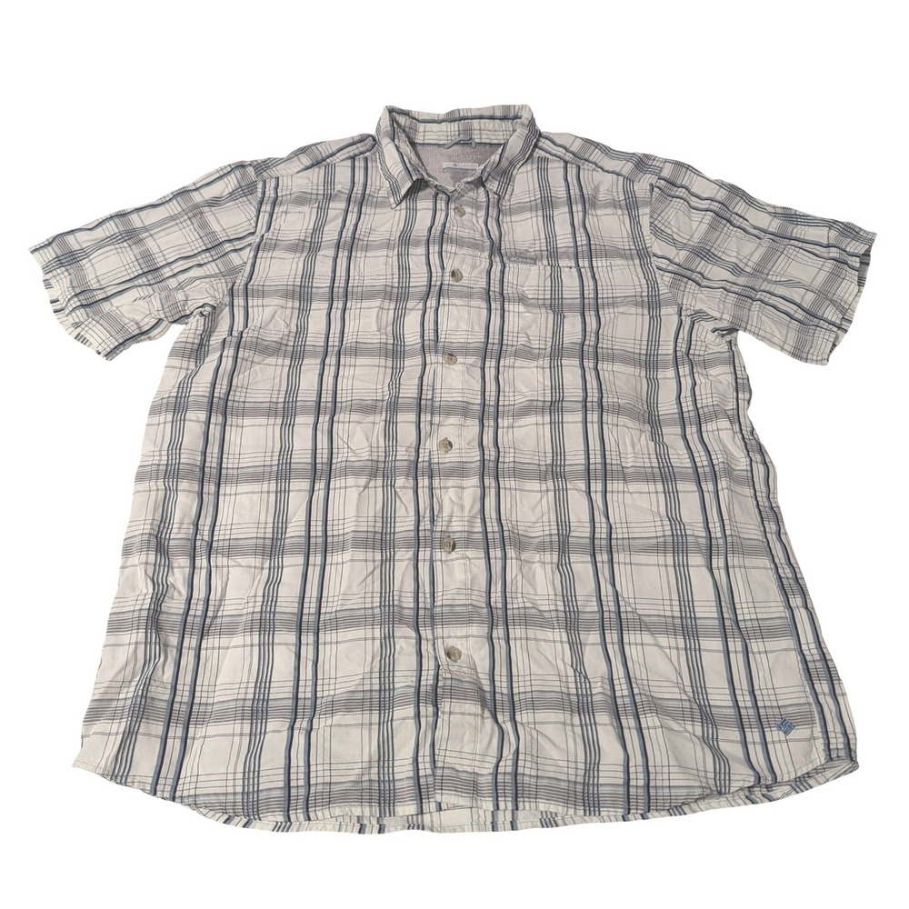 Columbia Mens Omni-Shade Plaid Short Sleeve Button Up Shirt XL White Blue AM7032